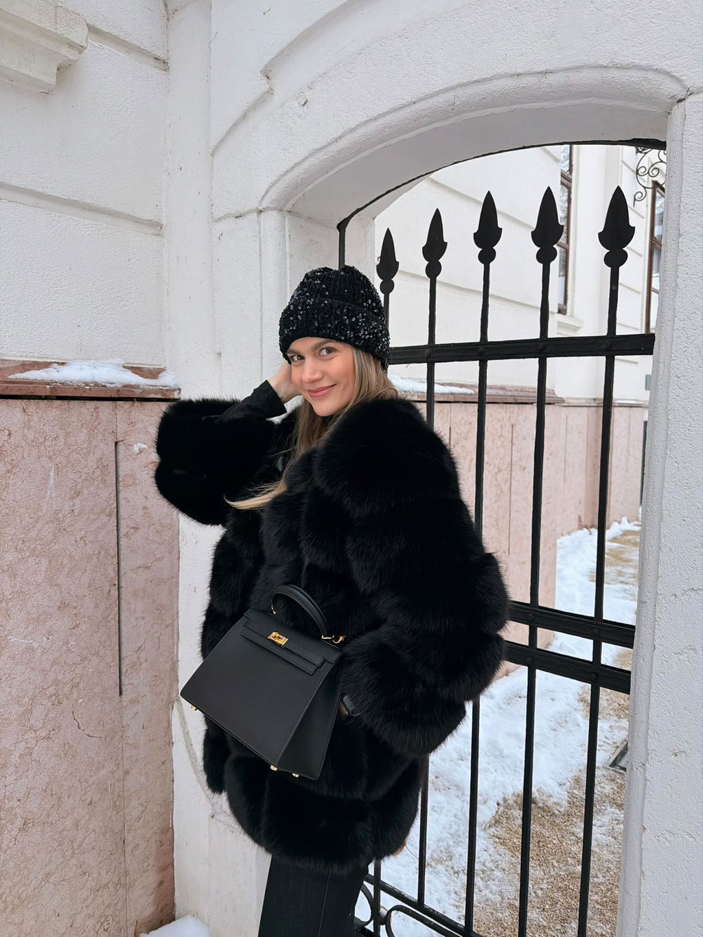 BONNIE fekete műszőrme kabát