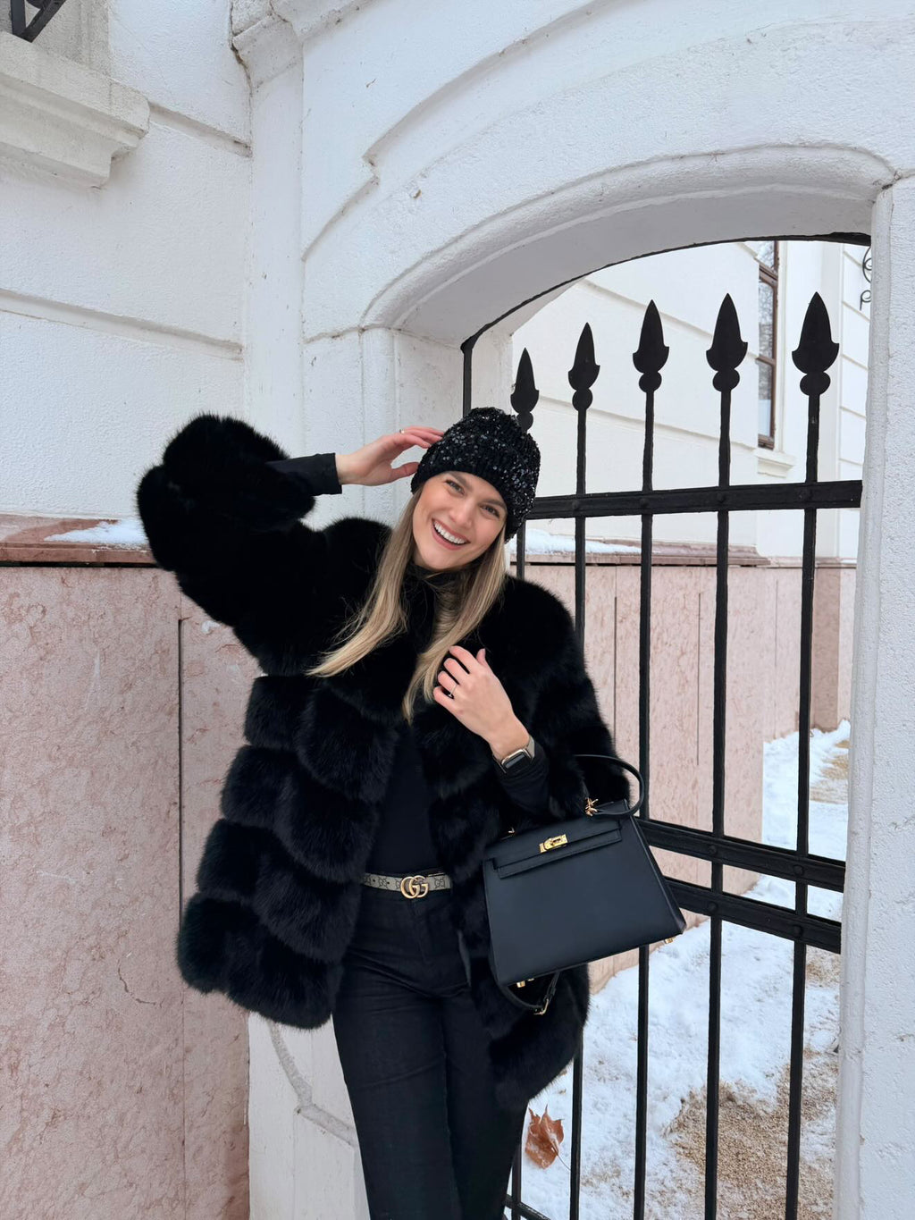 BONNIE fekete műszőrme kabát